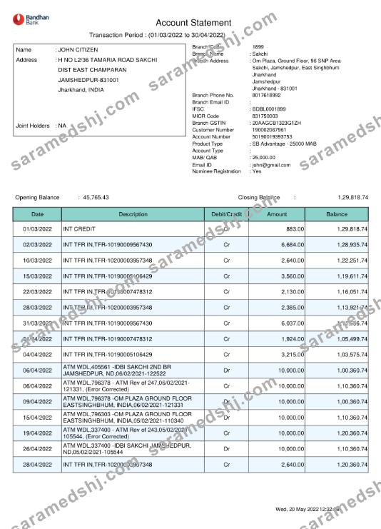 India Bandhan bank statement template, Word and PDF format, 2 pages